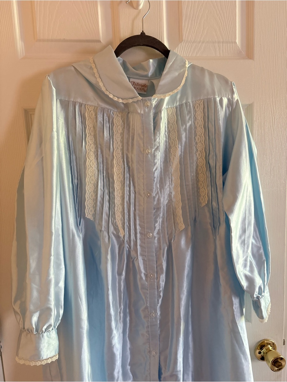 Light Blue Vintage Long Button Satin Nightgown - Picture 3 of 9